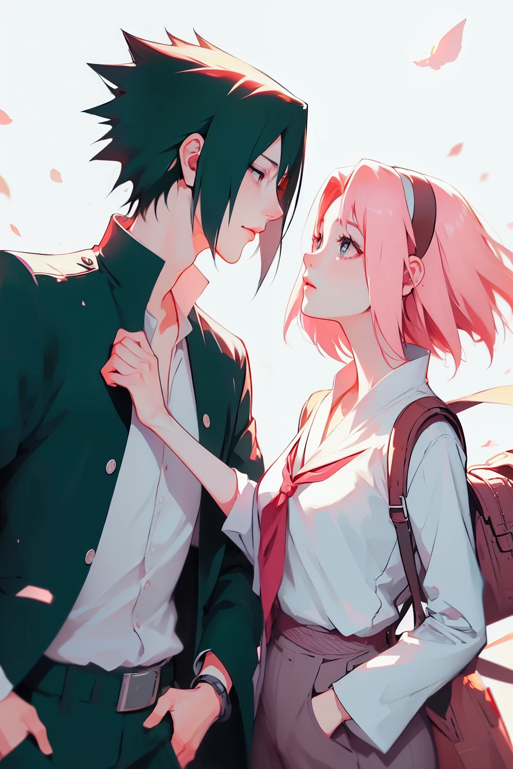 sasusaku. Sasuke Uchiha, a tall man with black hair, wearing a white blouse and jeans, is a high school student, with his hands in his pockets. Sakura, a thin woman with pink hair, she is after Sasuke, she is a rebel. best quality, adorable, ultra-detailed, illustration, complex, detailed, extremely detailed, detailed face, soft light, soft focus, perfect face. In love, illustration. two people, couple