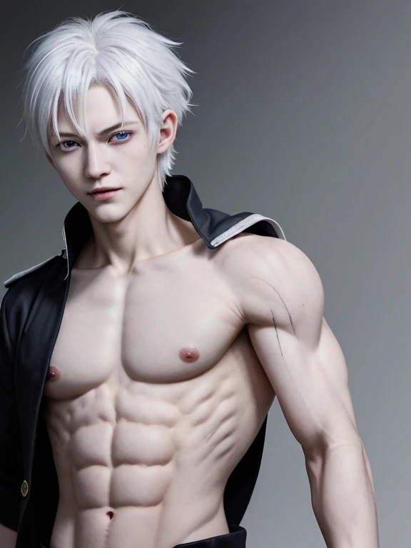 Demon Slayer Swordsman, (sanemi shinazugawa), un hombre musculoso de aspecto imponente, pale skin, albino, short, wild-looking white hair with one strand of hair in the center and another on one side of the face, tiene varias cicatrices horizontales en la cara, ojos grandes de color morado claro, manic expression, sonriendo con los ojos muy abiertos, lleva puesto el uniforme de asesino de demonios sin abotonar, showing his muscular torso and the numerous scars he has on his body, abdominales marcados, lleva puesta una chaqueta haori blanco