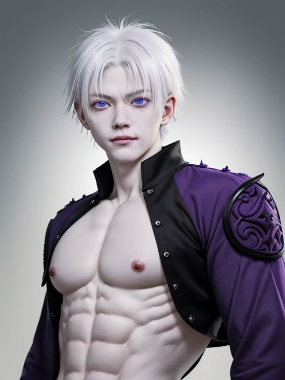 Demon Slayer Swordsman, (sanemi shinazugawa), un hombre musculoso de aspecto imponente, pale skin, albino, short, wild-looking white hair with one strand of hair in the center and another on one side of the face, tiene varias cicatrices horizontales en la cara, ojos grandes de color morado claro, manic expression, sonriendo con los ojos muy abiertos, lleva puesto el uniforme de asesino de demonios sin abotonar, showing his muscular torso and the numerous scars he has on his body, abdominales marcados, lleva puesta una chaqueta haori blanco