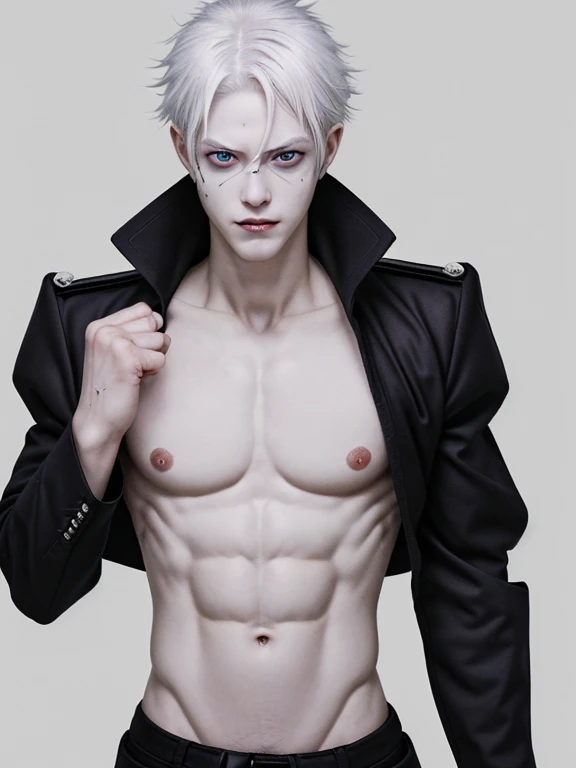 Demon Slayer Swordsman, (sanemi shinazugawa), un hombre musculoso de aspecto imponente, pale skin, albino, short, wild-looking white hair with one strand of hair in the center and another on one side of the face, tiene varias cicatrices horizontales en la cara, ojos grandes de color morado claro, manic expression, sonriendo con los ojos muy abiertos, lleva puesto el uniforme de asesino de demonios sin abotonar, showing his muscular torso and the numerous scars he has on his body, abdominales marcados, lleva puesta una chaqueta haori blanco