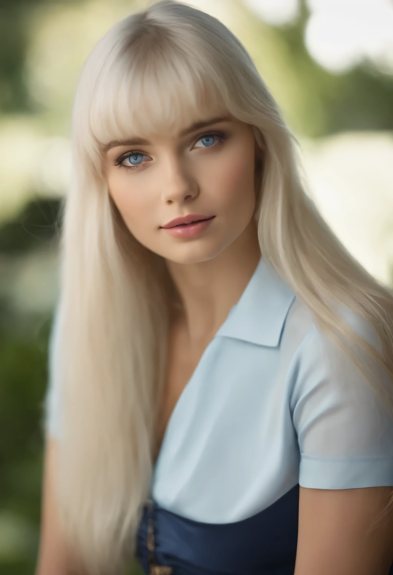 Unparalleled beauty, Radiant firmness and radiant skin, bangs between eyes, Shiny straight platinum blonde hair, Extra-long, straight, silky hair, eyes liner, Sexy beautiful innocent, HD big big beautiful bright blue eyes, Beautiful cute girl, , short sleeved shirt