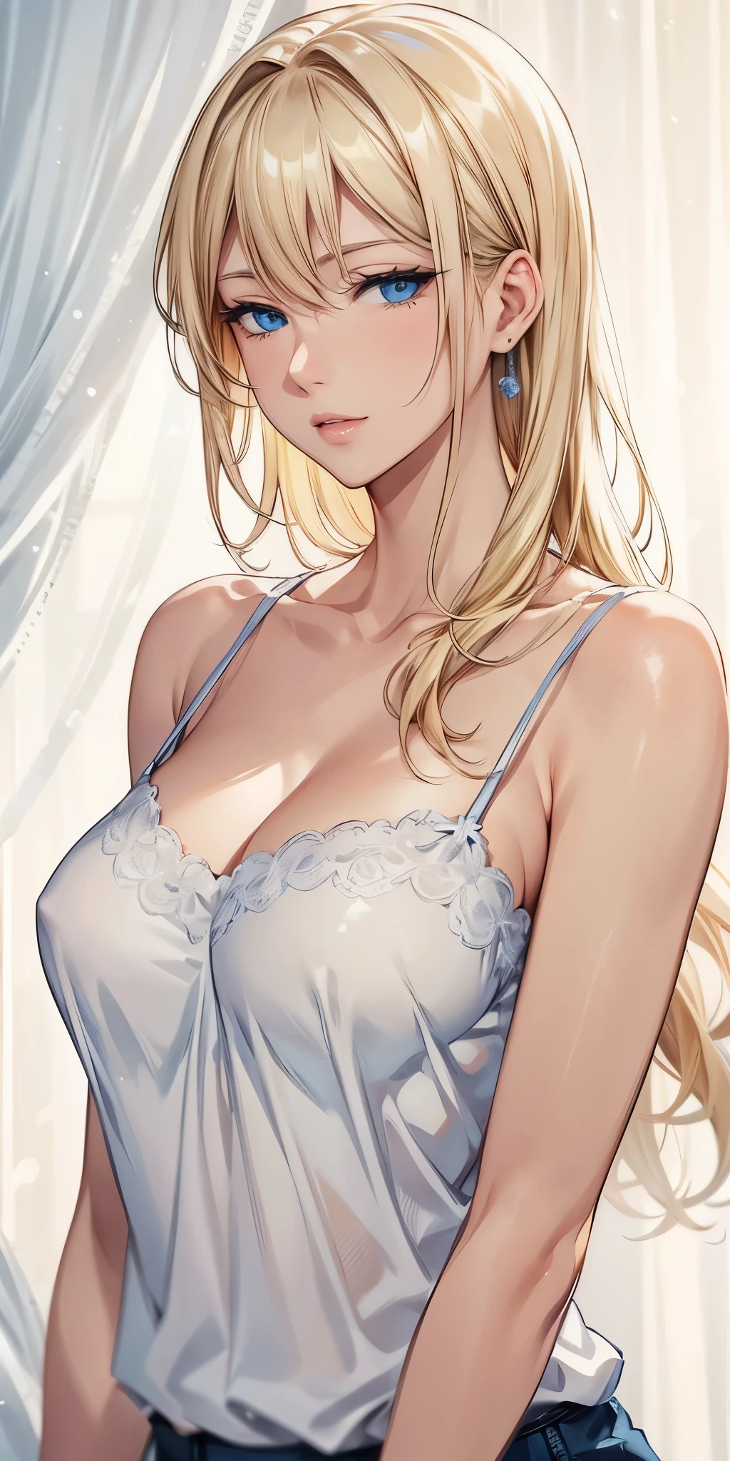 portrait, realistic, blue eyes, blonde hair, big breast, 4k resolution, high quality cg, beautiful cg, soft light,