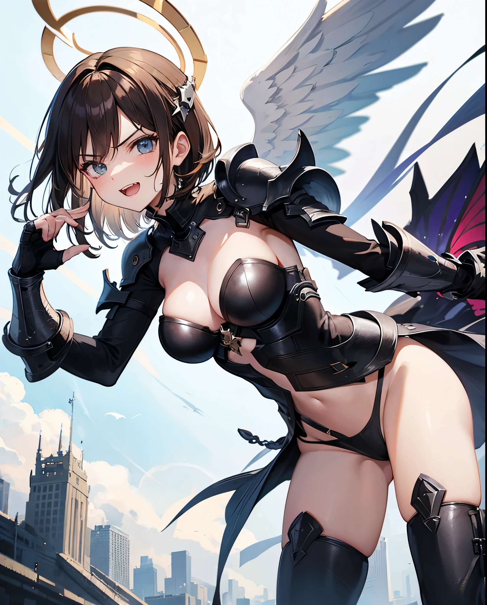 fantasy, 1angel_girl,(young_teen:1.5), ,brown_hair, medium_bob_hair, long_bangs, halo,bare_shoulder,thighhighs,silver_armor, waist_armor, large_breasts,angry,grinning,open_mouth_teeth, 1pair_wings, dynamic_pose_fighting,floating, bare_crotch, headgear,gauntlet, greaves,city_background,slightly_spread_legs, solo, groin_naked,