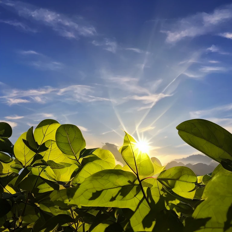 leaf, sun rays, mistic aura, epic vibe, natural, lonely, minimalistic, icon, simple