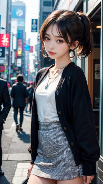 masterpiece, 8k,((happy)) ,brown eyes,black hair, ((small girl)),ponytail,small breasts,medium hair,necklace,earrings,Long sleeves,knit one-piece,skirt,town,Shinjuku