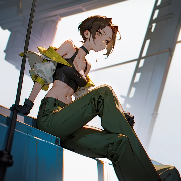 sitting、slender、big breasts、Feel the presence of the nipples、Goggles on foreheadをつけている、small ass、A slender and delicate mechanic girl、Roomy clothes、Dowel dowel trousers、oversized cargo pants、It&#39;s a bellybutton、Front zip high neck top、super cutout design、bare shoulders、off shoulder、work gloves、Goggles on forehead、hold a wrench in one hand、brown skin、Middle hair、slender、big breasts、cleavage、choker、high leg pants、hot air、Sweat、
