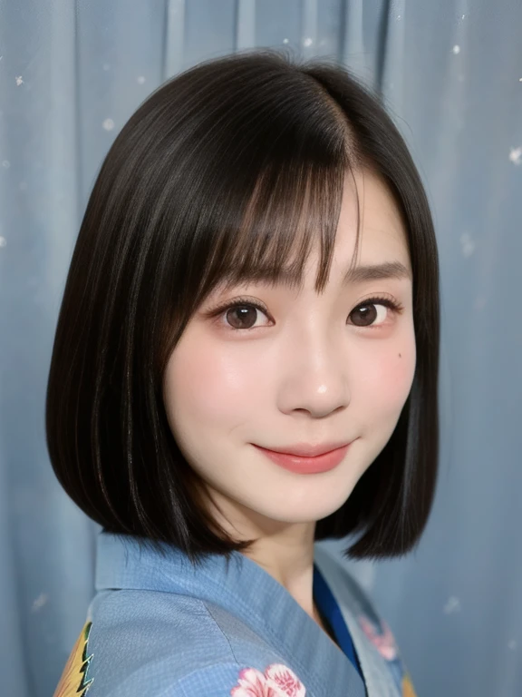(kawaii 24 year-old Japanese girl, Nogizaka idol, Korean idol), (glossy black hair, medium bob cut:1.3), (extra rounded face, forehead, single eyelid, no makeup, soft smiling:1.2), (well shaped whitened teeth:0.7), (wearing light blue Kimono, Japanese traditional cloth, cute floral patterned:1.3), well shaped extra small breasts, (looking at viewer:1.2), BREAK, (simple outdoor background:1.3), (portrait, id photo, view from straight forward:1.3), BREAK, (masterpiece, best quality, photo realistic, official art:1.4), (UHD, 8K quality wallpaper, high resolution, raw photo, film grain:1.2), (shiny skin), professional lighting, physically based rendering, award winning, (perfect anatomy, highly detailed skin, extremely detailed face and eyes, well drawn glittering pupils), Carl Zeiss 85 mm F/1.4, depth of field, 1girl, solo,