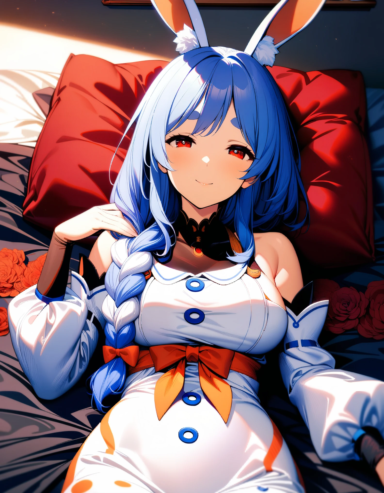 1girl, pekomama, long hair, smile, mature female,  red eyes, bare shoulders, dress, detached sleeves, hair over shoulder, looking at viewer,  indoors, on bed,  lying,  sleeping,  (very aethetic, best quality, ultra detailed), intricate details,