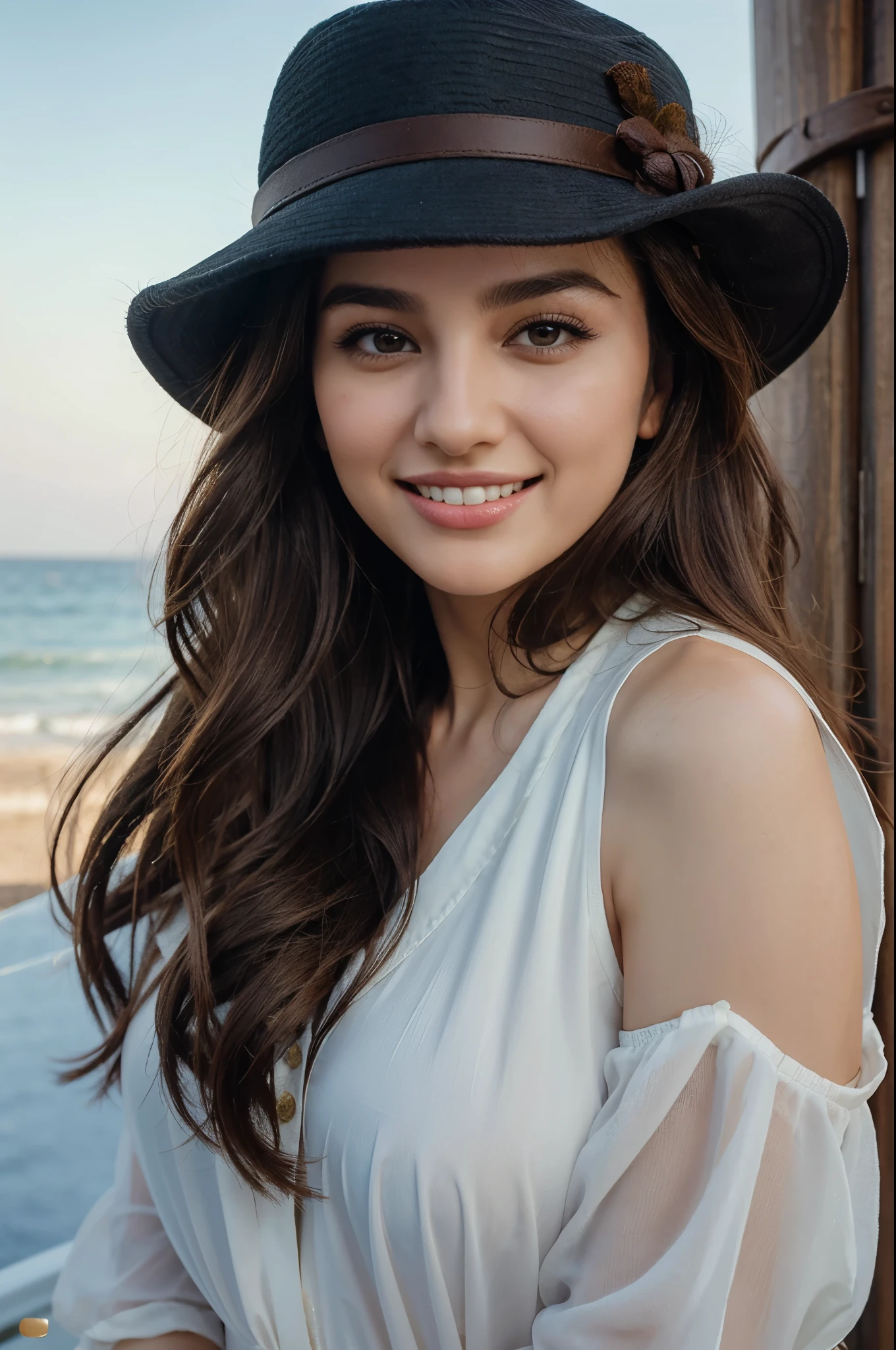 pretty girl 28 years old brown long hair blended beauty between Tuba Büyüküstün Turkish actress and mahlagha jaberi iranian actors realistic sexy ocean background smile with teeth show wearing a hat