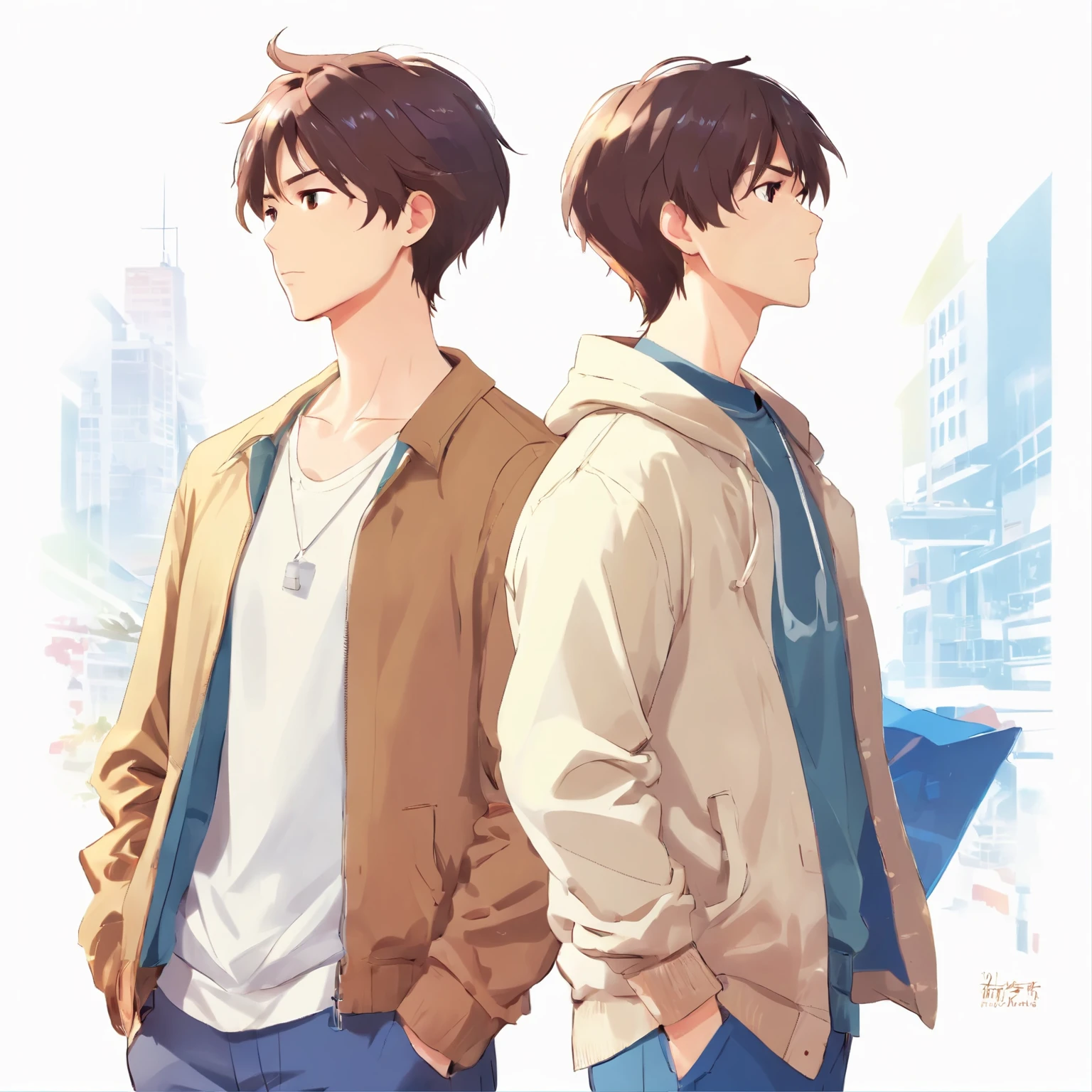 (((white background:1.5)))、(((masterpiece))),(best quality)、Two gay men in their 30s、casual clothes, profile,