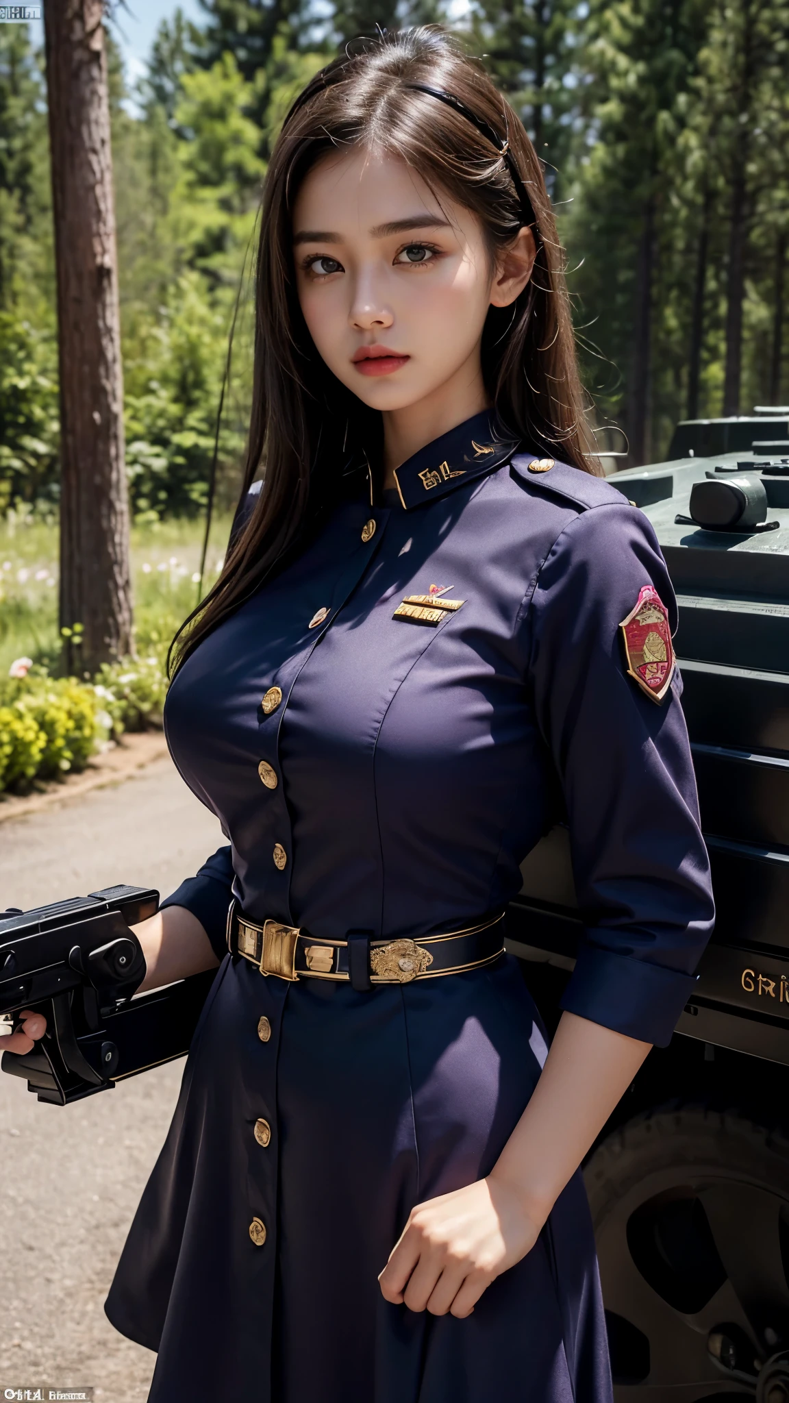 8k, highest quality, ultra detailed:1.37), Eliana, ((18 years)), a beautiful Asian girl, ((proudly stands in a military uniform)), representing her role as a soldier, ((She wears a fitted Purple dress)), The high-resolution image captures ultra-detailed realism, highlighting Eliana's determined expression, piercing eyes, and confident stance. The backdrop showcases an forest, adding to the authenticity and significance of the image. This visually striking representation showcases Eliana's strength and dedication as a soldier, cute knees, ((Lake)), ((Pine trees)), ((Detailed face)), ((Perfect body figure)), ((Detailed hair)), ((Detailed Dress)), Tanker, Army vehicle, ((S-500 missile launcher)), Missile fired from Launcher, 64k, heavy Armour vehicles, ((rose Flower in hand)), ((Super round breast under the uniform)), Hot lips, Stylish look, (Black hair), hairpin, Hairband 