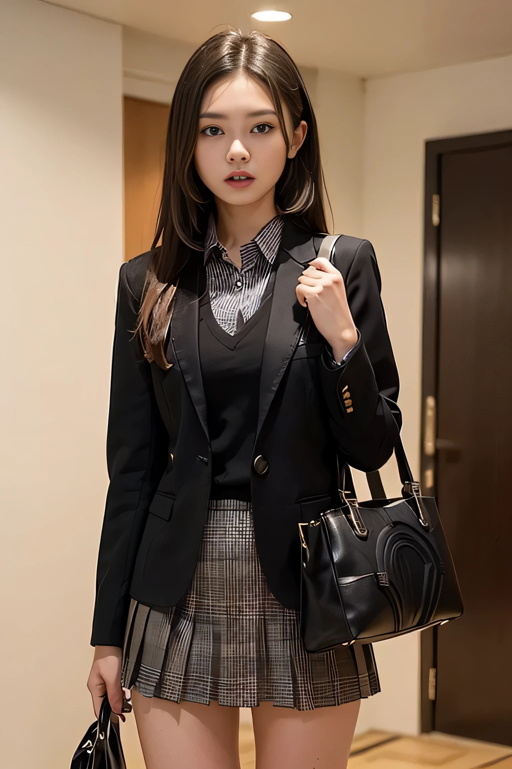 ((masterpiece:1.4))、((muste piece:1.4))、((long black hair woman:1.4))、((Wearing a short pleated skirt with a light brown plaid pattern:1.4))、((standing in front of a hotel room:1.4))、 ((cowboy shot:1.4))、((*********** female high school student:1.4))、innocent look、((Wearing a white long-sleeved collared dress shirt:1.4))、((woman wearing a black suit:1.4))、((small breast:1.4))、((Light brown plaid miniskirt that highlights the thighs:1.4))、((wearing a black office blazer:1.4))、((Wearing a neat black office blazer:1.4)), ((A woman with a scared expression:1.4))、((have a handbag:1.4))、