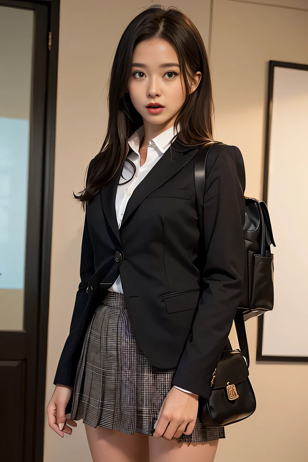 ((masterpiece:1.4))、((muste piece:1.4))、((long black hair woman:1.4))、((Wearing a short pleated skirt with a light brown plaid pattern:1.4))、((standing in front of a hotel room:1.4))、 ((cowboy shot:1.4))、((16 year old female high school student:1.4))、innocent look、((Wearing a white long-sleeved collared dress shirt:1.4))、((woman wearing a black suit:1.4))、((small breast:1.4))、((Light brown plaid miniskirt that highlights the thighs:1.4))、((wearing a black office blazer:1.4))、((Wearing a neat black office blazer:1.4)), ((A woman with a scared expression:1.4))、((bag pack:1.4))、