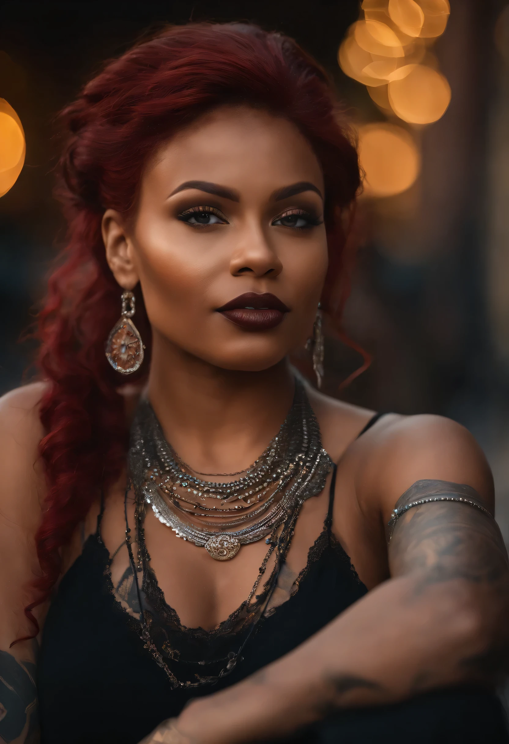 Melhor qualidade, obra de arte, cabelo vermelho, olhos azuis, tronco, l Fundo lindo, 2 garotas negras com peitos grandes, camisa justa, lindos olhos castanhos com um pouco de tatuagens entre o peito, Out there, with a chain in her dark red curly hair with money in her hands, pele altamente detalhada, 8k hd, dslr, soft lighting, alta qualidade, Film grain, Fujifilm XT3.