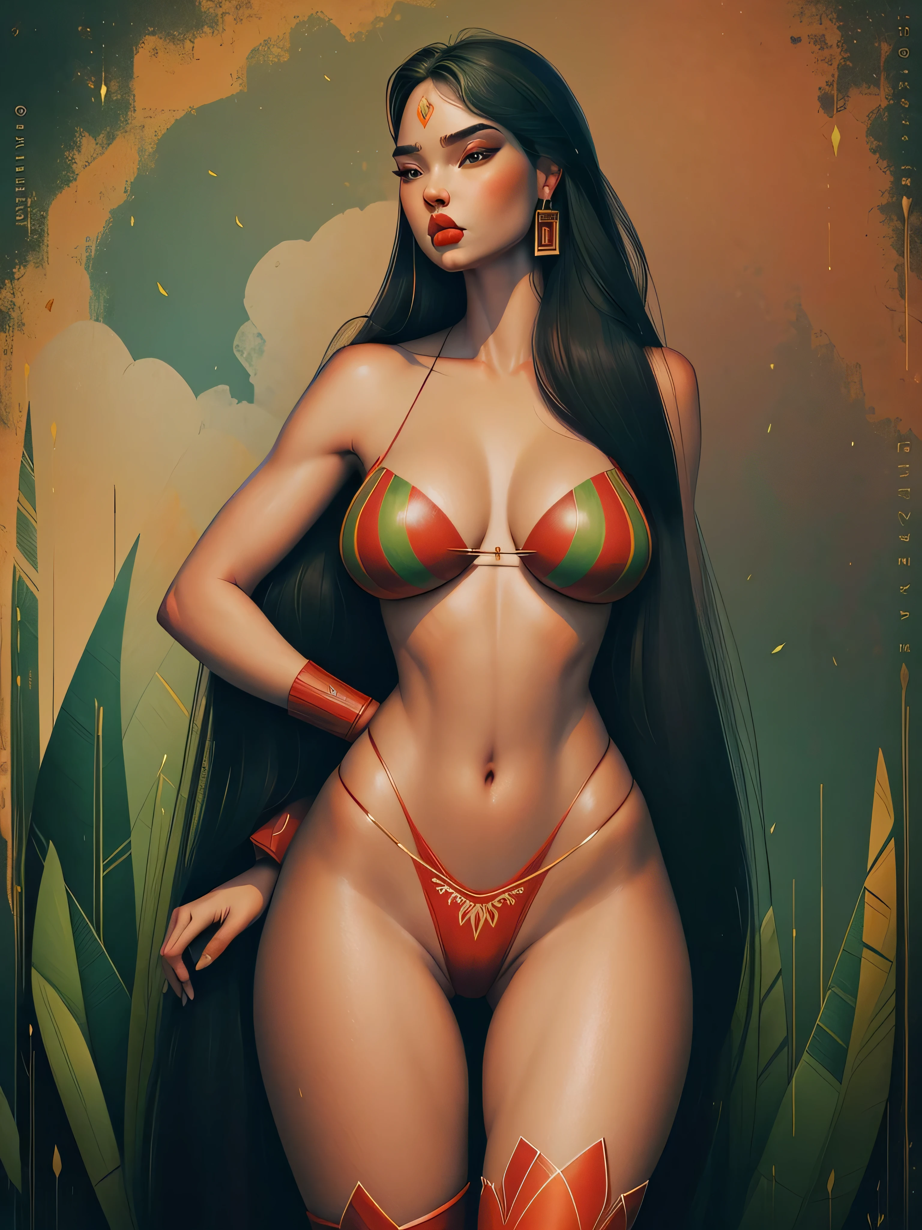 Beautiful (Adriana Lima :1.1) red lips, green eyes, ultra detailed illustration of a gorgeous Inca style style, booty shorts and thigh highs boots. , She has long hair and an elegant expression on her face, with soft features and striking eyes that draw the viewer in. This contrast between the fantastical character and the more traditional color scheme and elements gives the piece an intriguing narrative quality. painted realism, photo realistic, 8k, fantasy digital art, HDR, UHD.