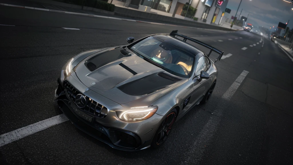 Mercedes amg car in ultra realistic and detailed unreal street neon lighting ,HDR completo;8k;real background and sky