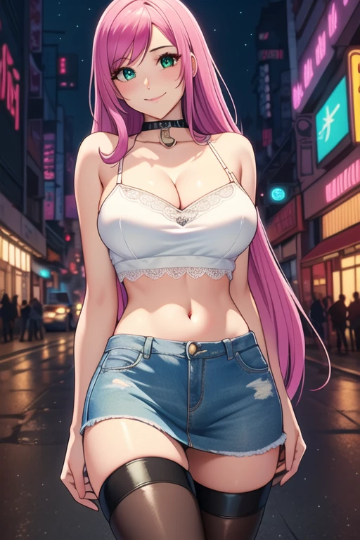 1 girl, 19 years old, Long pink hair, green eyes with slit pupils, master-piece, best quality, (standing up), (white lace camisole crop top, blue denim skirt, knee-high leather high heel boots, cleavage), (Big , ultra gigantic , Super super big, Glamorous body), Make eye contact with the camera, front figure, looking forward, (light_Smile:1.5), (Detailed hands and fingers:1.2)、(Cyberpunk city at night), (FULL BODYSHOT), thighs thighs thighs thighs、beauty legs、Bare legs