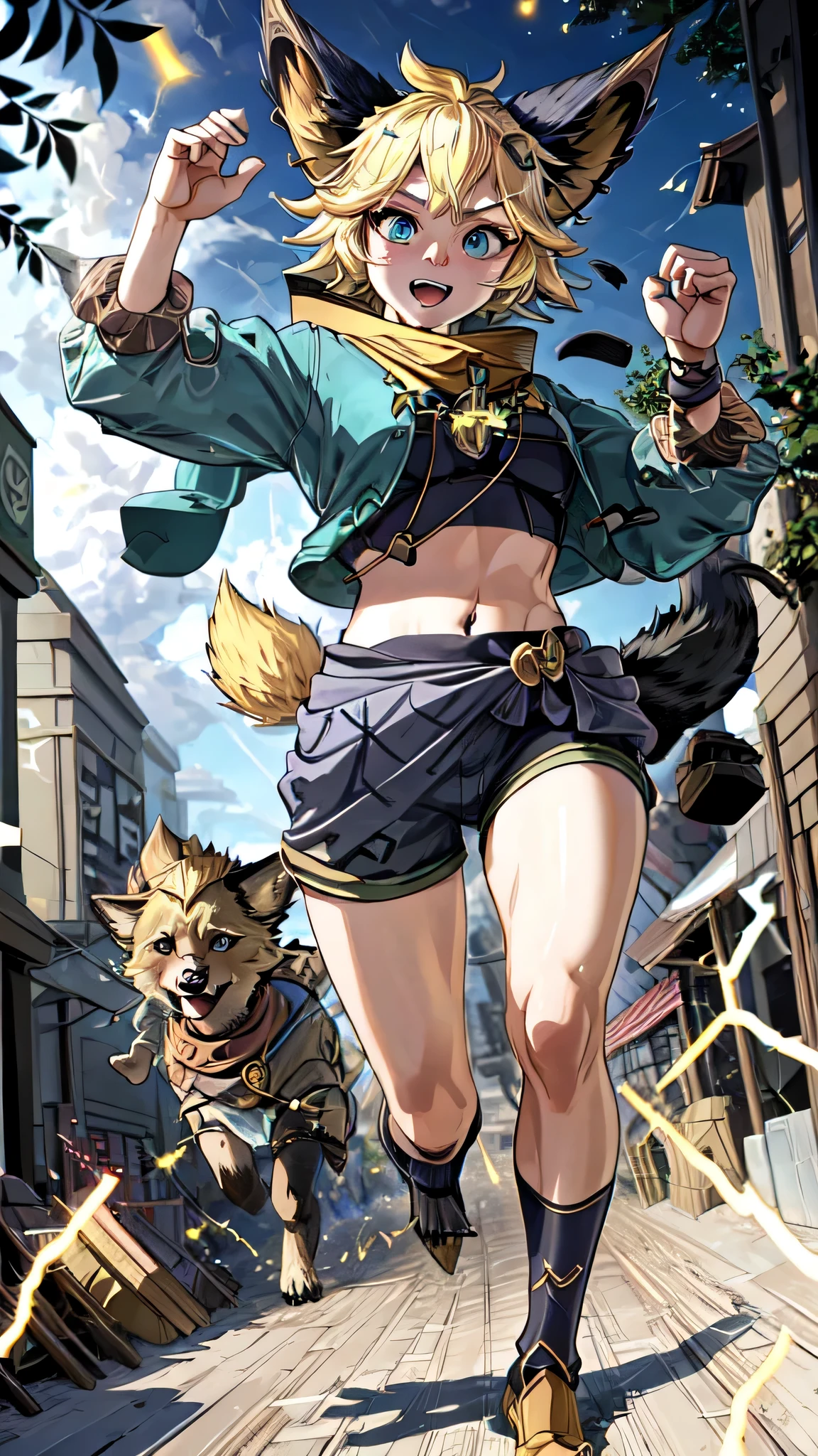 (masterpiece, best quality, high quality, highres, ultra-detailed),Joy_mlbb,1girl,short hair,blonde,animal ears,tail,midriff,navel,detailed eyes,electricity, running,