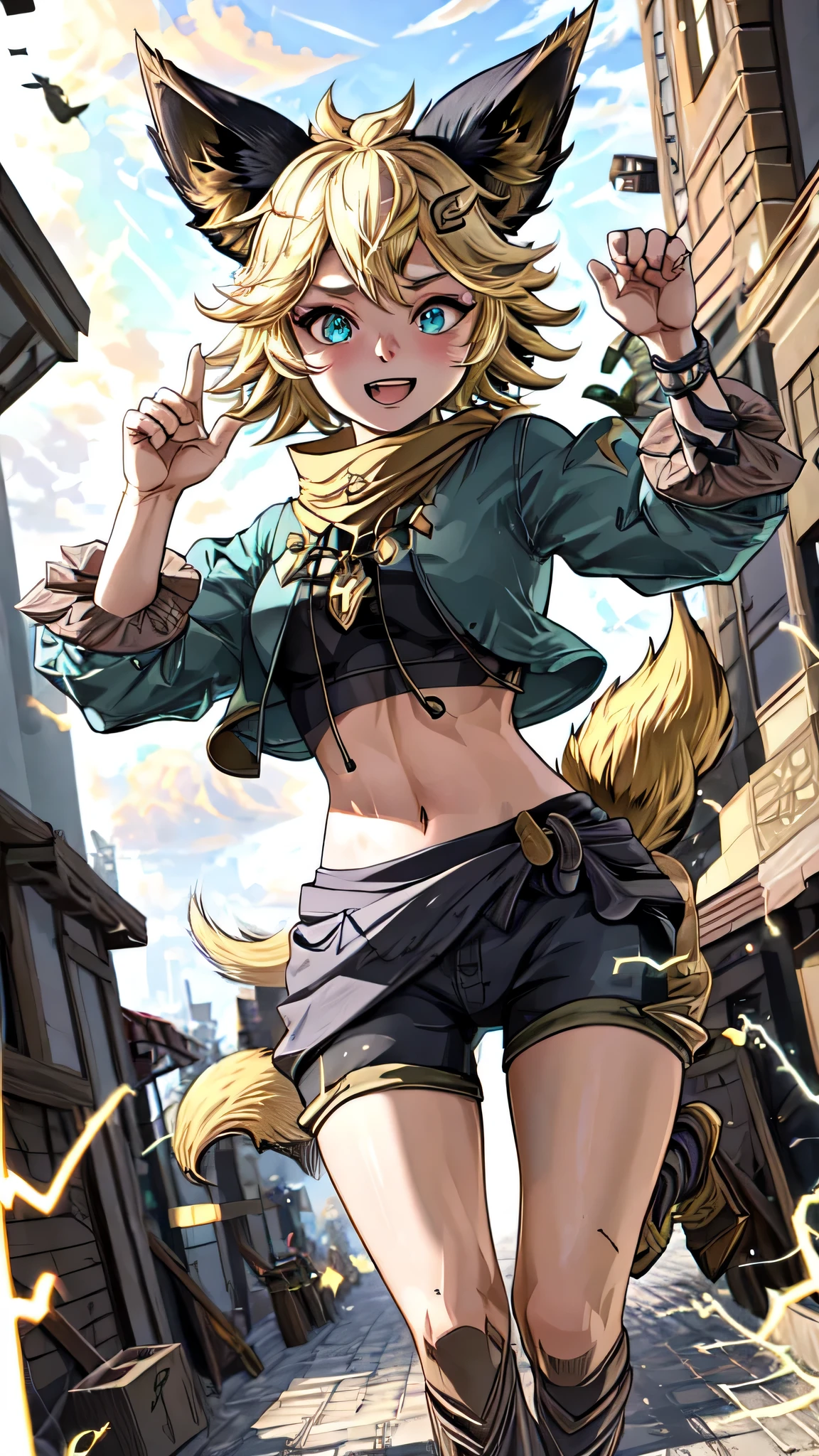 (masterpiece, best quality, high quality, highres, ultra-detailed),Joy_mlbb,1girl,short hair,blonde,animal ears,tail,midriff,navel,detailed eyes,electricity, running,