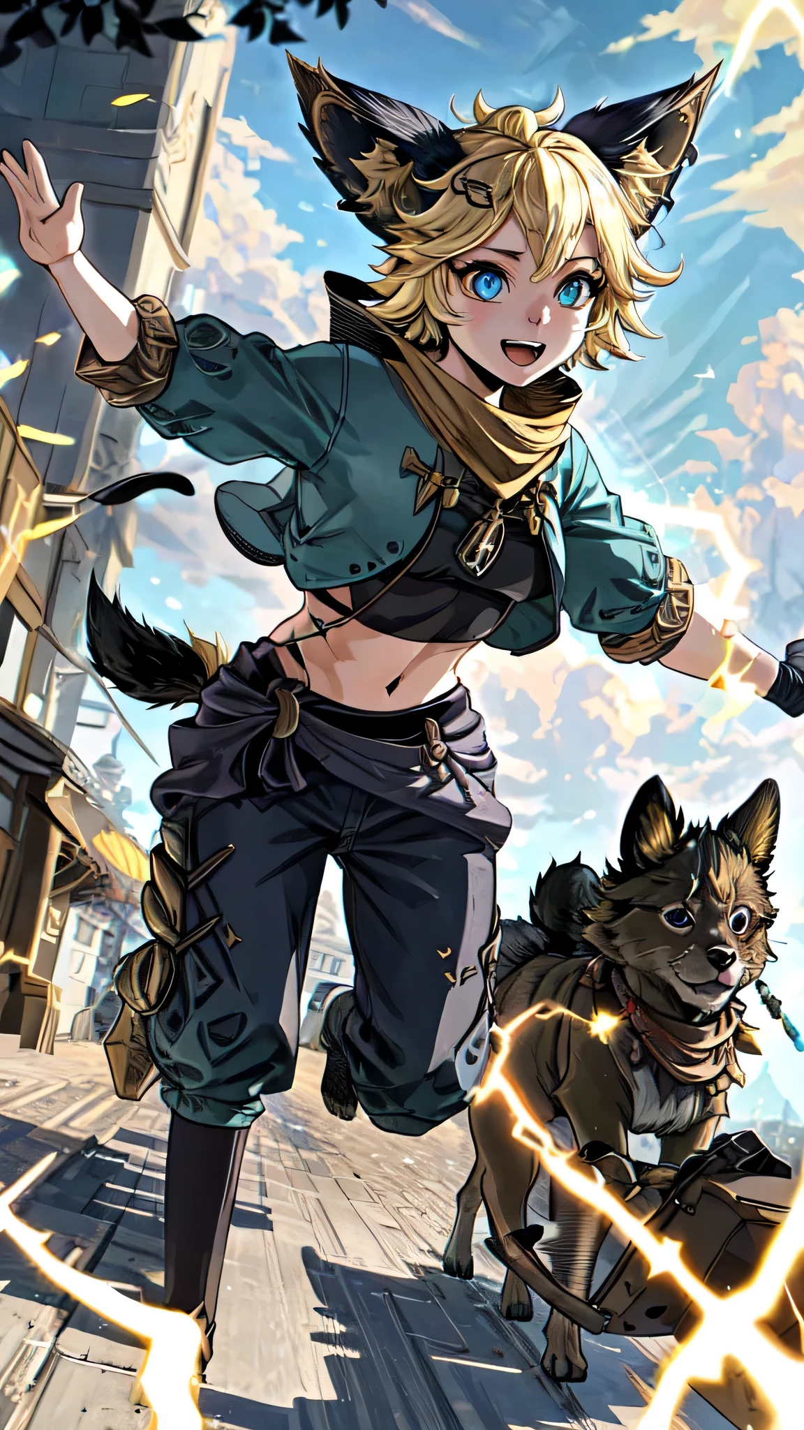 (masterpiece, best quality, high quality, highres, ultra-detailed),Joy_mlbb,1girl,short hair,blonde,animal ears,tail,midriff,navel,detailed eyes,electricity, running,