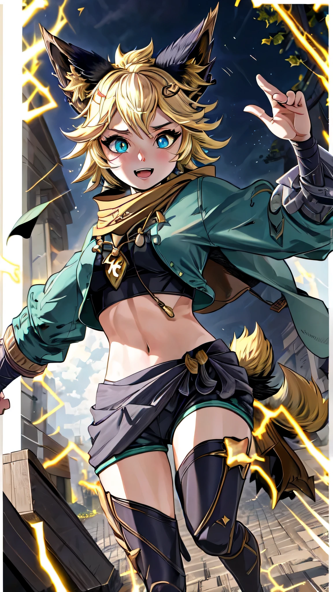 (masterpiece, best quality, high quality, highres, ultra-detailed),Joy_mlbb,1girl,short hair,blonde,animal ears,tail,midriff,navel,detailed eyes,electricity, running,