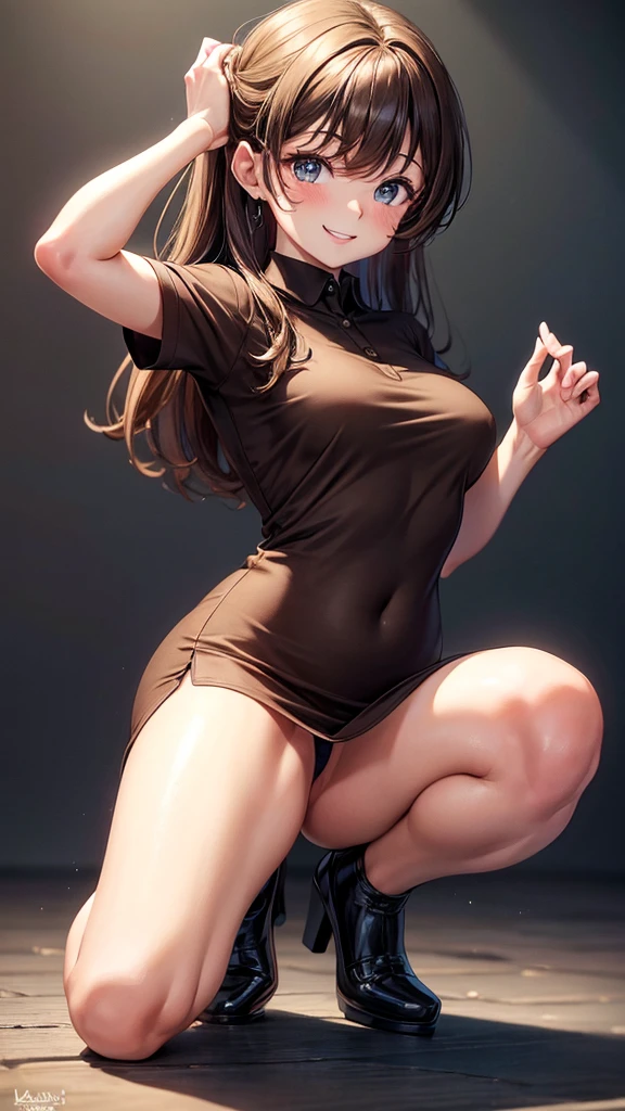 sksbrooke person, sksbrooke, (masterpiece:1.2), (best quality:1.2), perfect eyes, perfect face, 1girl, solo, brown eyes, (medium breasts), perky breasts, wearing a brown polo shirt and black mini dress, high heels, early morning misty background, smiling, on one knee