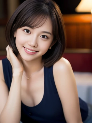 ((masterpiece))、((highest quality))、photograph、reality、High level image quality、Super detailed、married woman、30 generations、delicate features、short hair、Realistic background and accessories、big breasts、sexy smile、restaurant、Turn to the side with your chin resting on your head、navy tank top、((Indirect lighting only))、deep shadow、zoom shot、from below、sealing、look down at the viewer、