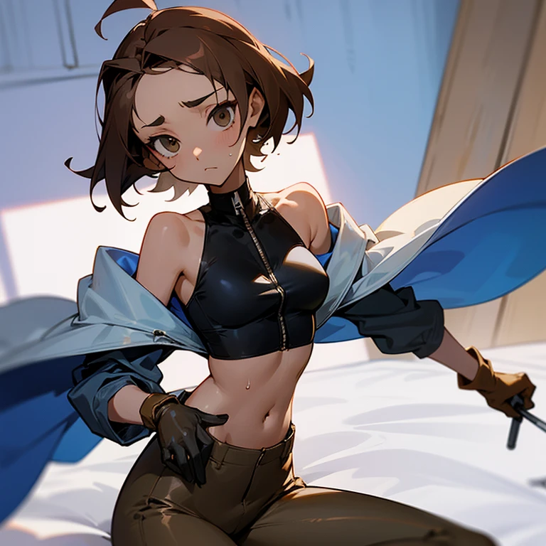 on the bed、She is pushed down and her clothes are being taken off.、disheveled clothes、undressed clothes、slender、big breasts、Goggles on foreheadをつけている、small ass、A slender and delicate mechanic girl、Roomy clothes、Dowel dowel trousers、oversized cargo pants、It's a bellybutton、Front zip high neck top、crop top、bare shoulders、off shoulder、work gloves、Goggles on forehead、hold a wrench in one hand、brown skin、Middle hair、slender、big breasts、cleavage、choker、high leg pants、hot air、Sweat、