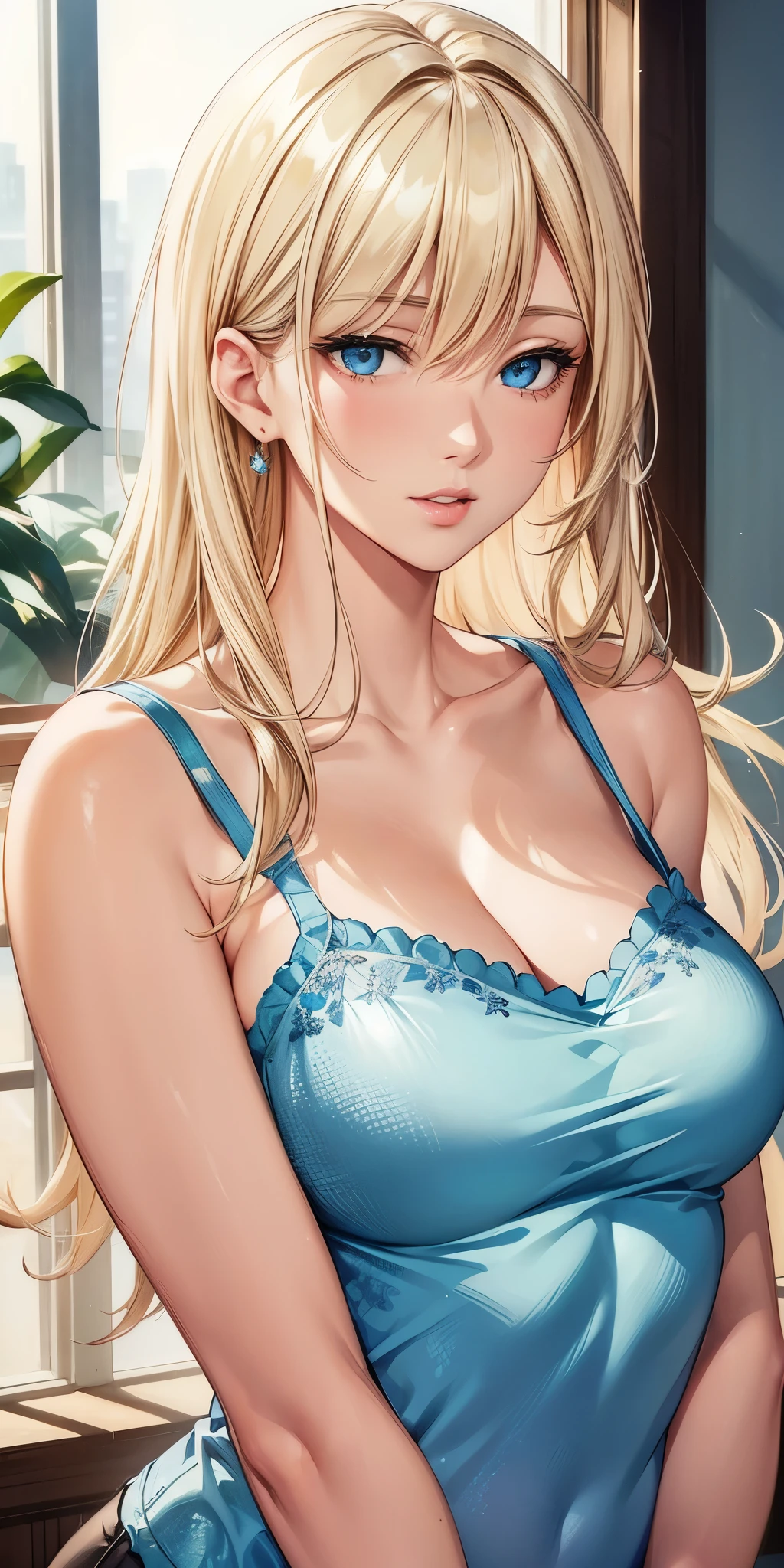 portrait, realistic, blue eyes, blonde hair, big breast, 4k resolution, high quality cg, beautiful cg, soft light, 