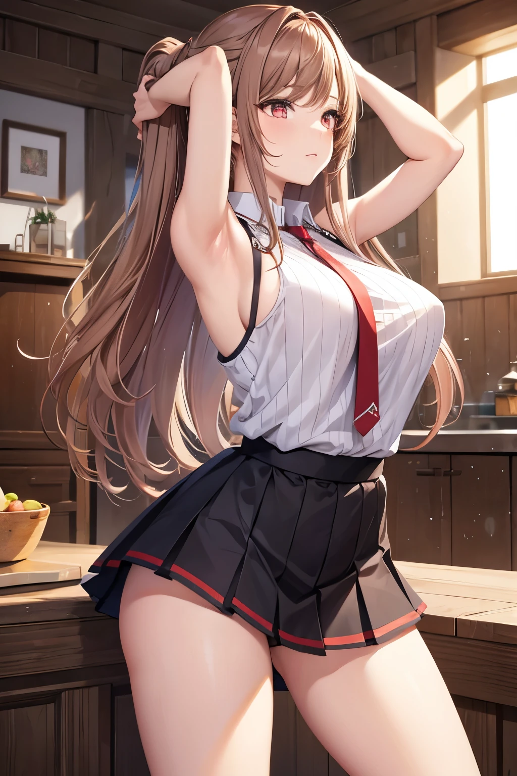 Game , goddess of victory nikke, Rapi , light brown hair,  alluring eyes ,beautiful face , crystal red eyes , long hair , women stripes sleeveless shirt, armpits, high waist pleated skirt ,selfie wind,g cup breast, slender waist, bewitching thighs, five fingers each hand, two hand ,two leg , in home room , beautiful, hand behind head ,side view