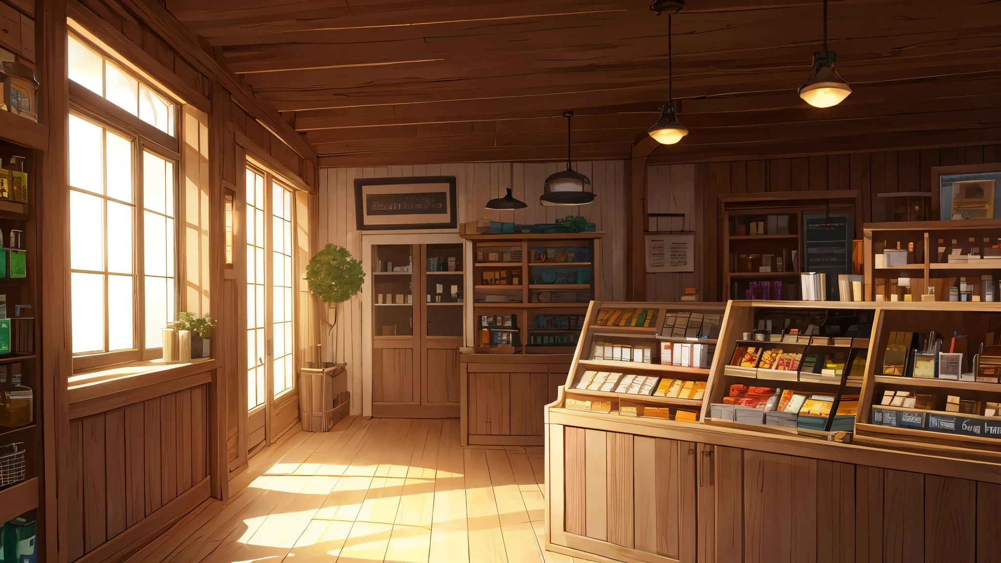 visual novel background, small general store, adventurer shop, daylight through windows, extremely detailed