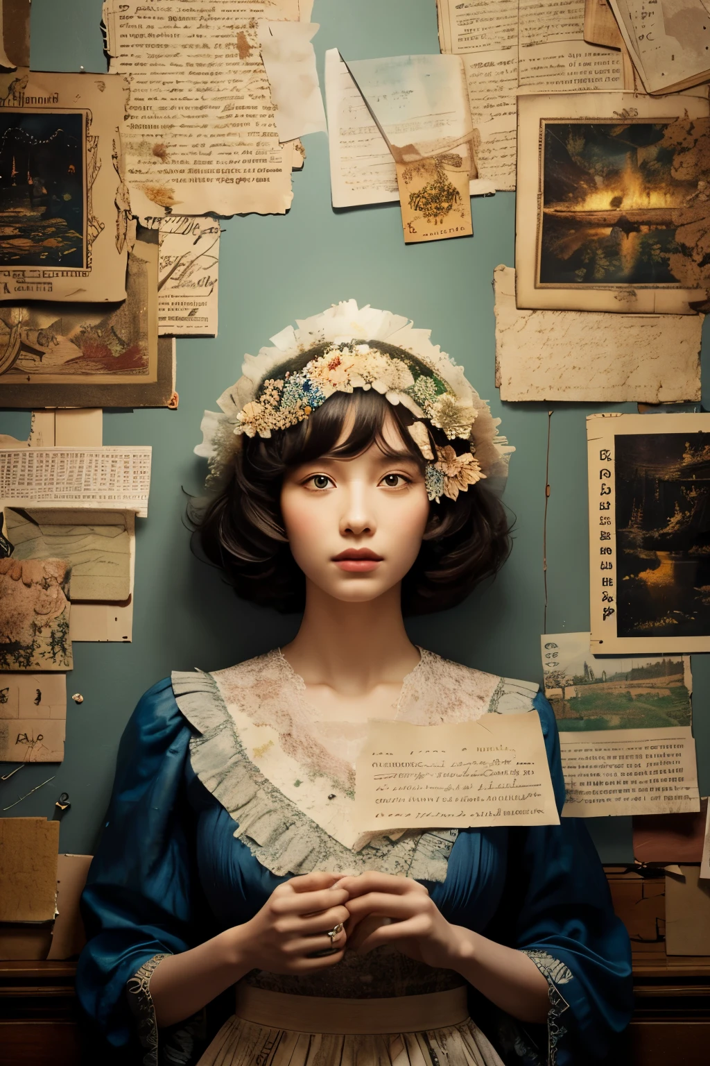 화려한 소녀의 very detailed 알코올 잉크 그림, Created on a patchwork of mixed media masterpieces of stress-free vintage script paper., temporary, torn cardboard, vintage newspaper, vintage sheet music, wax seal, Dress made of paper ruffles and life-size elegant lace, in style [junk journal, double exposure, Same as body size, Greg Simpkins, mark davis, Oliver Jeffers, Andy Kehoe], cinematic, very cool, very detailed, 8 thousand, the fog disappeared