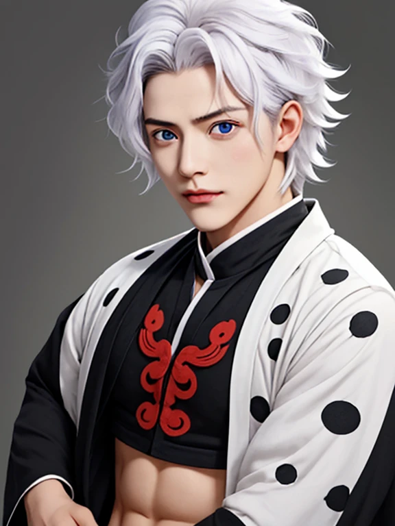 Demon Slayer Swordsman, (sanemi shinazugawa), un hombre musculoso de aspecto imponente, pale skin, albino, short, wild-looking white hair with one strand of hair in the center and another on one side of the face, tiene varias cicatrices horizontales en la cara, ojos grandes de color morado claro, manic expression, sonriendo con los ojos muy abiertos, lleva puesto el uniforme de asesino de demonios sin abotonar, showing his muscular torso and the numerous scars he has on his body, abdominales marcados, lleva puesta una chaqueta haori blanco (demon slayer) (kimetsu no Yaiba)