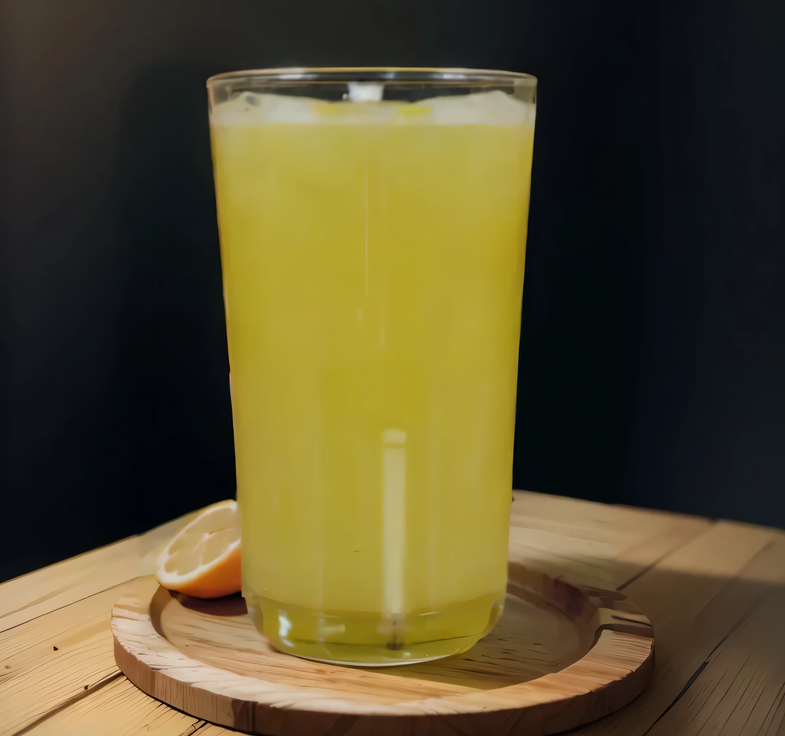 there is a glass of lemonade sitting on a wooden plate, lemonade, it has lemon skin texture, cinematic full shot, lemonlight, juice, the sour, healthy, 🍸🍋, realistic detailed octane render, drink, cinematic close shot, realistic scene, realistic shot, designed in blender, shot on nikon z9, cold drinks
