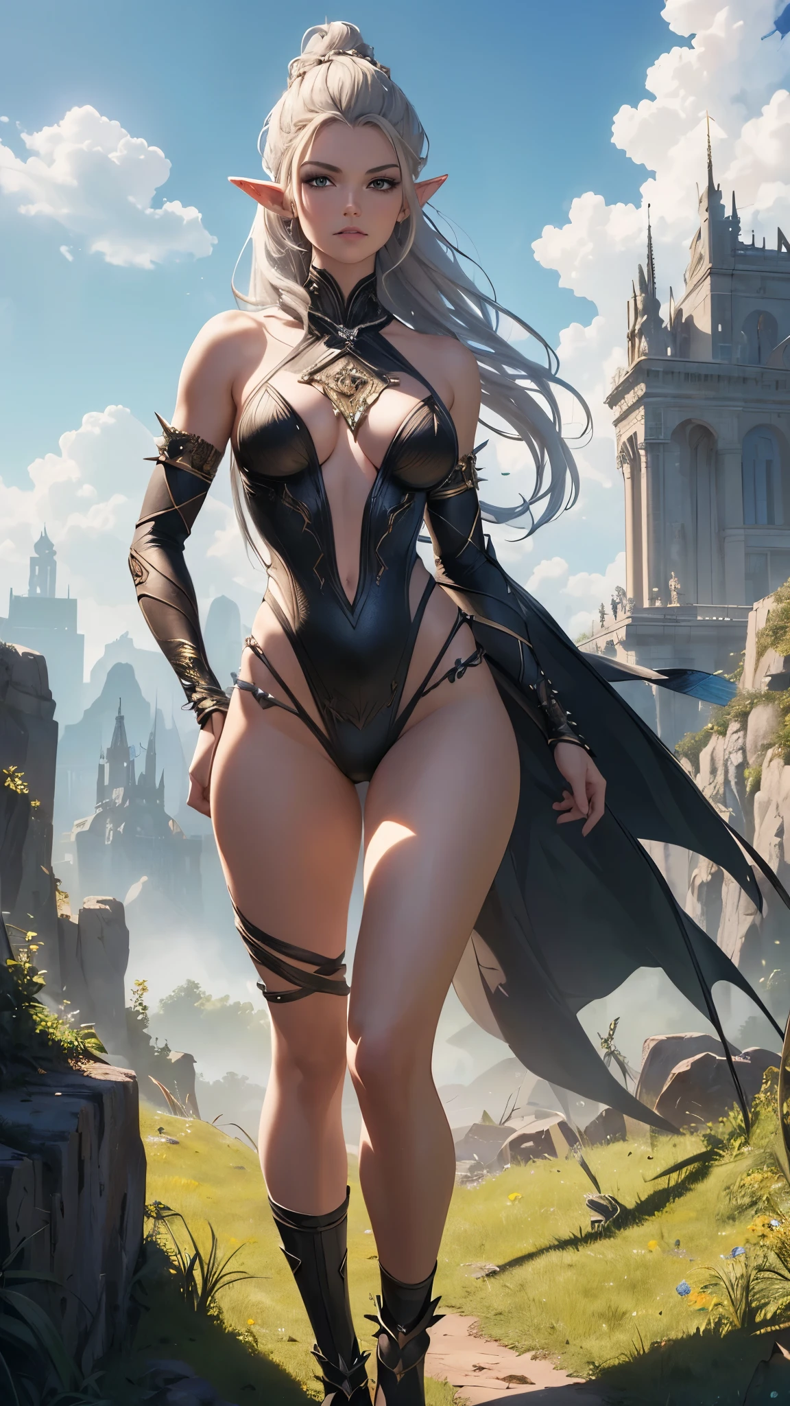 (highres,masterpiece:1.2),ultra-detailed,(realistic,photorealistic,photo-realistic:1.37),giant two-handed spiked hammer shining with otherworldly light,delicate elf (slim beautiful body, face resembling a European top model),black braids fluttering in the wind