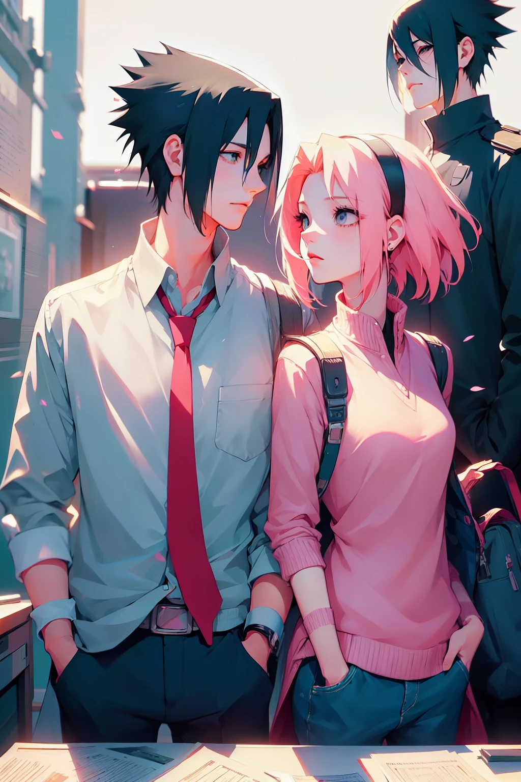 sasusaku. Sasuke Uchiha, a tall man with black hair, wearing a white blouse and jeans, is a high school student, with his hands in his pockets. Sakura, a thin woman with pink hair, she is after Sasuke, she is a rebel. best quality, adorable, ultra-detailed, illustration, complex, detailed, extremely detailed, detailed face, soft light, soft focus, perfect face. In love, illustration. two people, couple