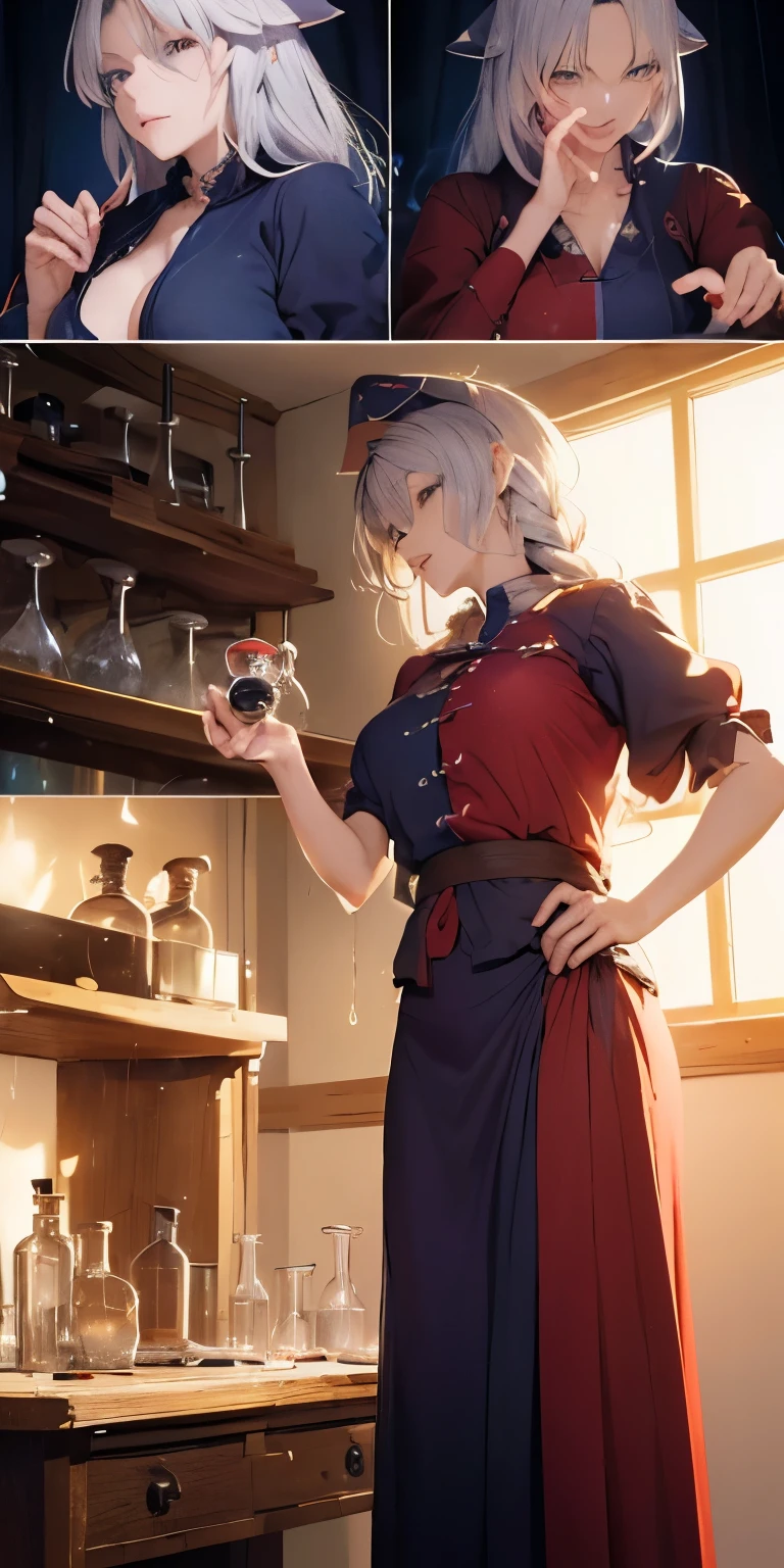 (masterpiece, best quality:1.3), (final fantasy artwork concept:1.5), (from below:1.3), Yagokoro Eirin, Touhou Series, perfect face, expressive eyes, 1woman, looking at viewer, 38 years old, gorgeous body, big breast, beautiful, anime, lora,1woman, silver hair, braid hair, nurse cap, red and blue clothes, long skirt, (evil look, looks down on viewer:1.5), (cinematic lighting, realistic, dream-like, enchanting atmosphere:1.3), (photo of a woman in her dark and mysterious environment:1.3), (the woman surrounded by an aura of mystery and intrigue:1.3), (a dark and mysterious laboratory decorated with many flasks, each filled with colorful liquids:2.0), (a table before Eirin decorated with flask, spread out in mysterious shapes:2.0), (she is full of joy in making new discoveries:1.5), (a crystal ball nearby, adding to the mystical setting:1.3), (a hint of incense in the air, adding to the sensory experience:1.3), 