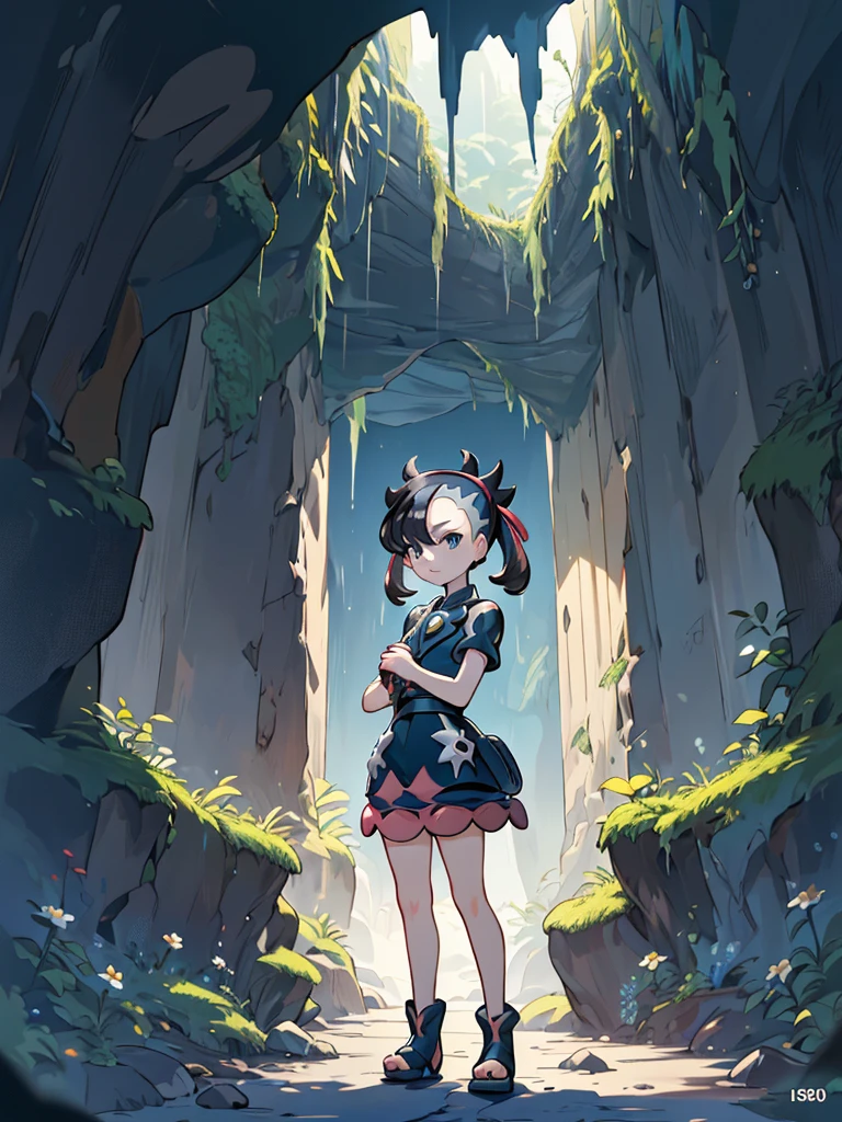 ((pokemon'smarnie:1.2)),(super detailed illustrations:1.2),(masterpiece, 8K), (最high quality, high quality:1.4), perfect anatomy, very detailed, super detailed,masterpiece background,beautiful detailed background, v8K wallpaper,perfect design,award winning art,stand in front of the photo、highest quality、cute girl、、、10 year old girl、inside a dark cave, The cave continues deeper,A dark cave covered in moss, (dramatic light:1.3), 
woman, female brat,goblin、Only one person depicted:1.2,flower, full body:1.2