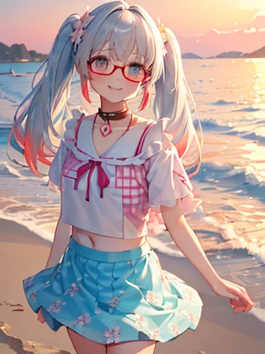 big ass、full body photo、 (Alone:1.5,)Super detailed,明るいcolor, very beautiful detailed anime face and eyes, look straight, , (((虹colorの髪, colorful hair, 半分虹colorの髪の毛、half white hair: 1.2)))、shiny hair, delicate beautiful face, blush、(turquoise eyes), White 肌, Valletta, earrings,、sunset、sandy beach、play on the water's edge、(((Floral、黄color、checked mini skirt,)))、twin tails、smile、smile、Face dyed red、color々Pause、Glasses