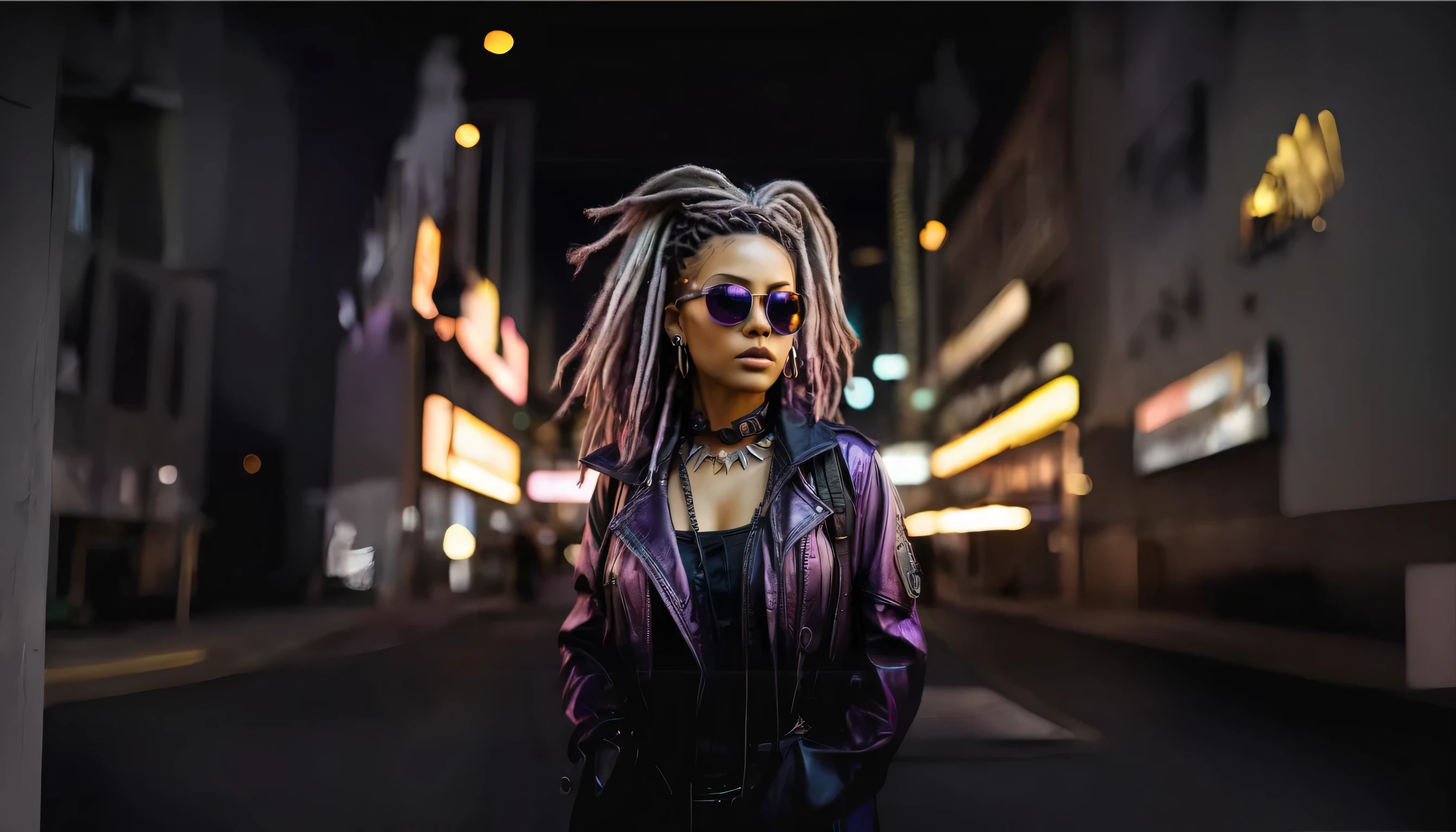 tem uma mulher com dreadlocks parada no meio da rua, cyberpunk vibe, visual ciberpunk, estilo ciberpunk color, in estilo ciberpunk, has estilo ciberpunk, cyberpunk grunge, cyberpunk vibes, estilo ciberpunk, linda modelo de mulher cyberpunk, muted estilo ciberpunk, cyberpunk with neon lighting, vestindo jaqueta de couro cyberpunk, estilo de cyberpunk, estilo ciberpunk outfit, brilho cyberpunk brilhante