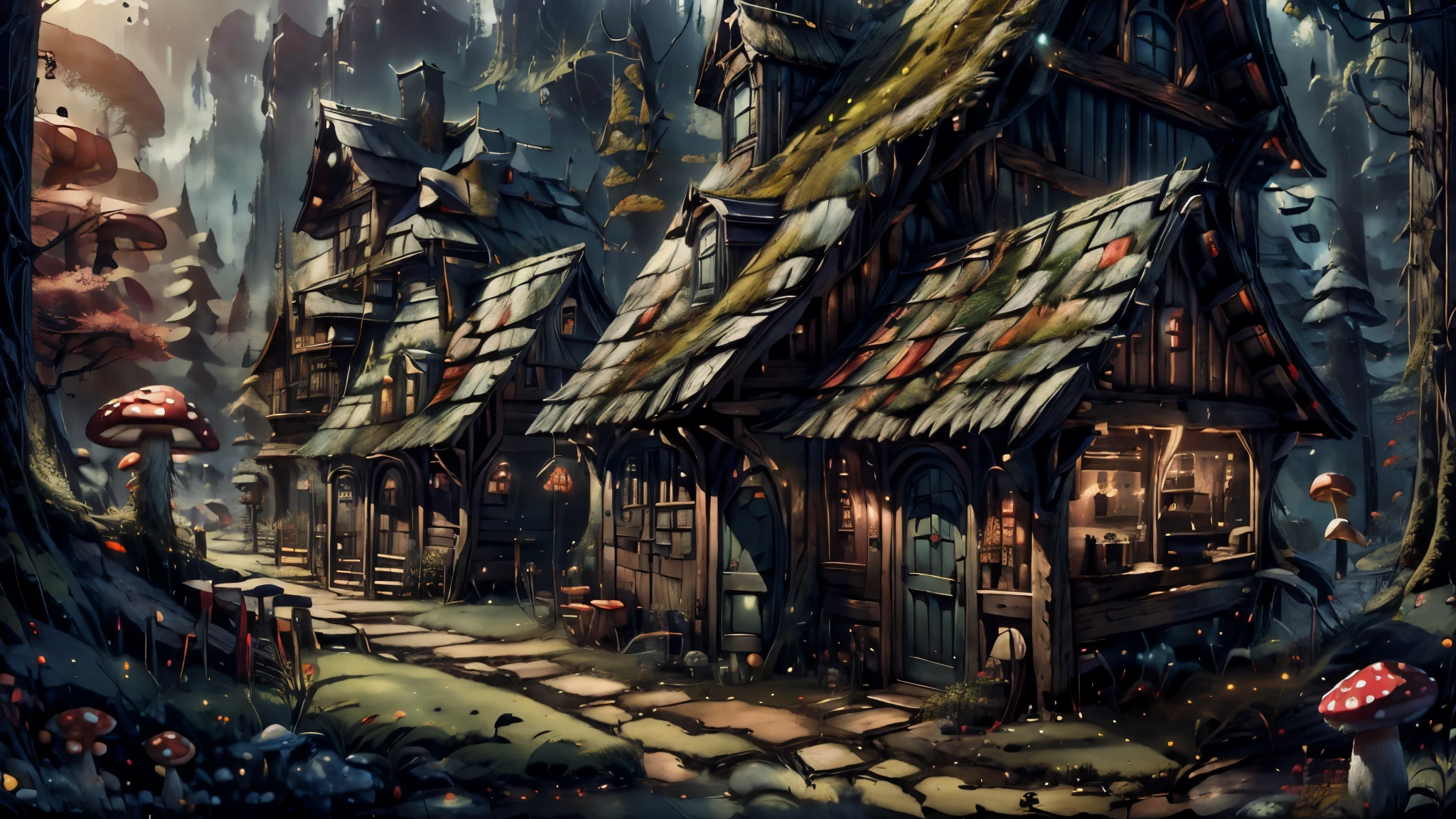 Masterpiece, best quality, 8k, panoramic view, center of the Leprechaun village, Shoe stores, weapons store, a tavern and the large utility store, Lush vegetation and mushrooms make up the scene, fairytale ambiance, harmony of nature, ethereal magic, breathtaking beauty, mysterious wonder.