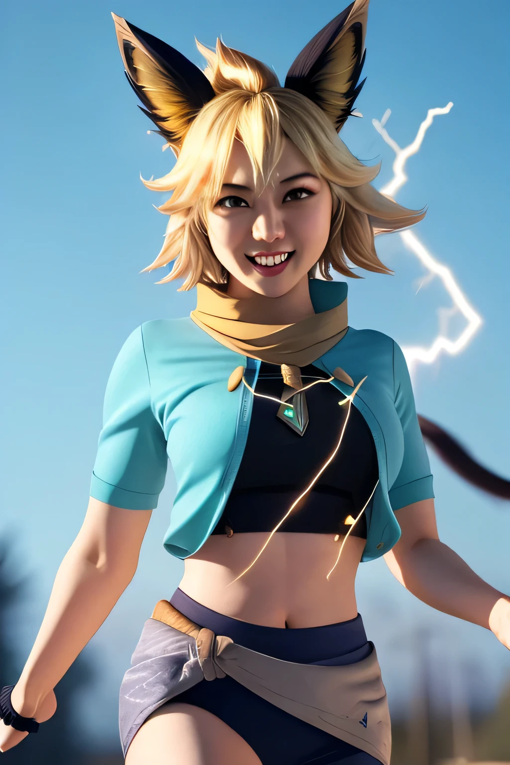 (masterpiece, best quality, high quality, highres, ultra-detailed),Joy_mlbb,1girl,short hair,blonde,animal ears,tail,midriff,navel,detailed eyes,electricity, running,