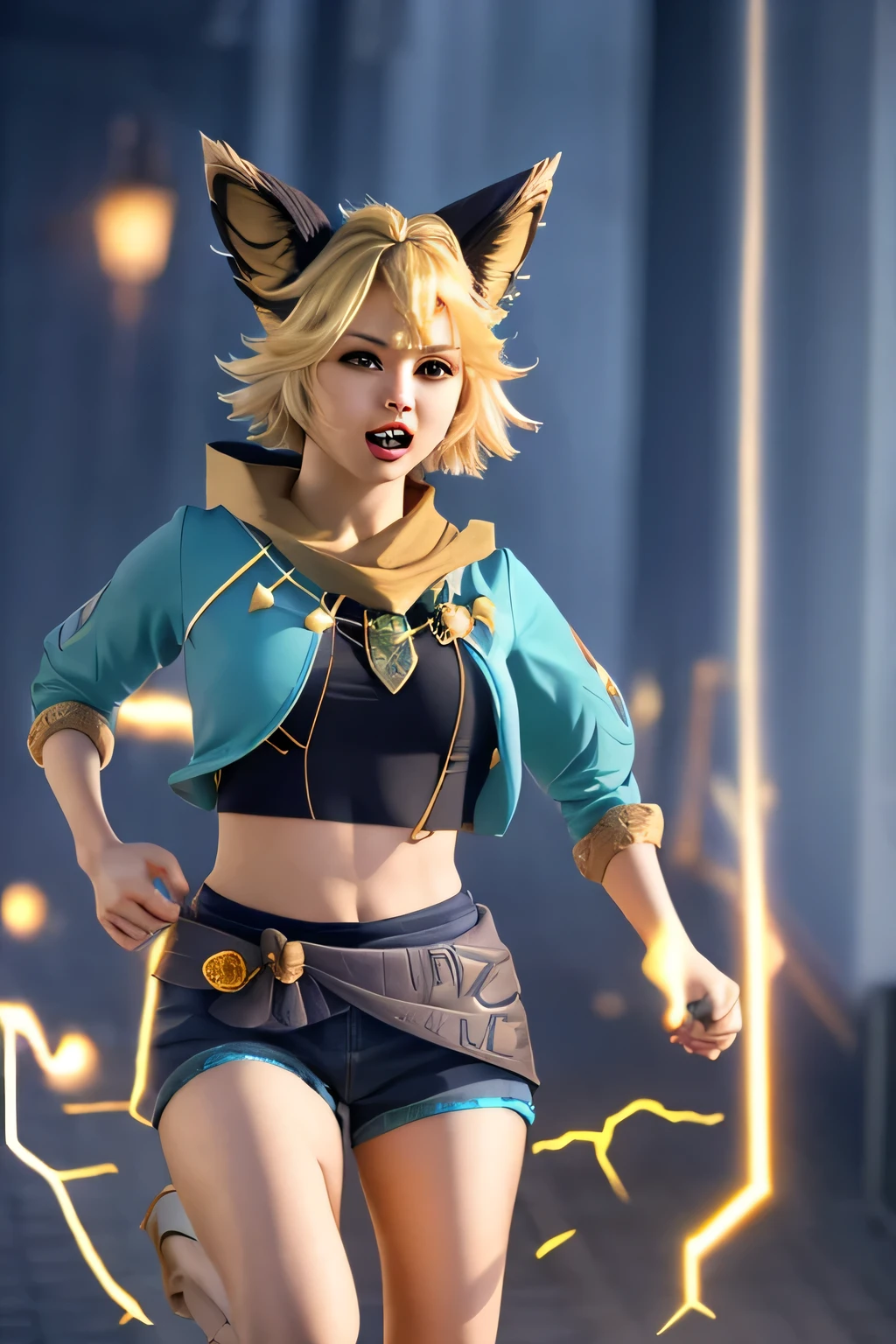 (masterpiece, best quality, high quality, highres, ultra-detailed),Joy_mlbb,1girl,short hair,blonde,animal ears,tail,midriff,navel,detailed eyes,electricity, running,