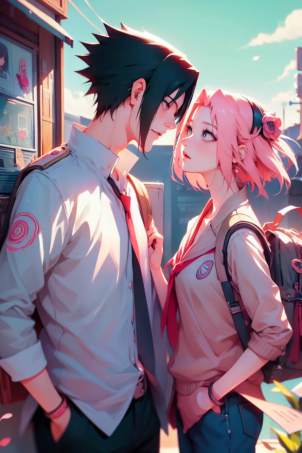 sasusaku. Sasuke Uchiha, a tall man with black hair, wearing a white blouse and jeans, is a high school student, with his hands in his pockets. Sakura, a thin woman with pink hair, she is after Sasuke, she is a rebel. best quality, adorable, ultra-detailed, illustration, complex, detailed, extremely detailed, detailed face, soft light, soft focus, perfect face. In love, illustration. two people, couple