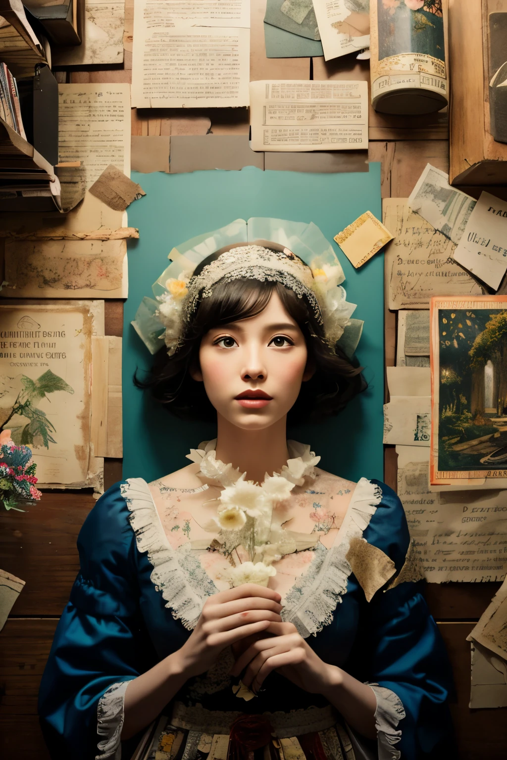 화려한 소녀의 very detailed 알코올 잉크 그림, Created on a patchwork of mixed media masterpieces of stress-free vintage script paper., temporary, torn cardboard, vintage newspaper, vintage sheet music, wax seal, Dress made of paper ruffles and life-size elegant lace, in style [junk journal, double exposure, Same as body size, Greg Simpkins, mark davis, Oliver Jeffers, Andy Kehoe], cinematic, very cool, very detailed, 8 thousand, the fog disappeared