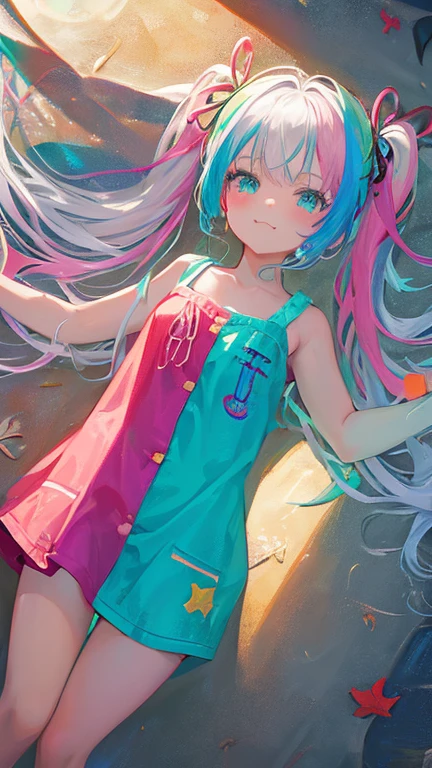 (rainbow colored hair, colorful hair, half silver、half pink hair: 1.2), ,long hair、(Cinematic digital artwork: 1.3), high quality, table top, Turquoise eyes、最high qualityの, Super detailed, figure, [4K digital art]!!、 Kyoto animation style, one woman, clavicleの美しさ, clavicle, light, want, , positive, Dead leaves dance、（Ocean、sandy beach）、full moon、On a tree-lined street、taking a walk、((red、trendy clothes))、（（Scarlet、Polka dot unset, motivation, shine, dynamic perspective、Blue glasses、Green ribbon、twin tails、embarrassed face、cute face、happy face