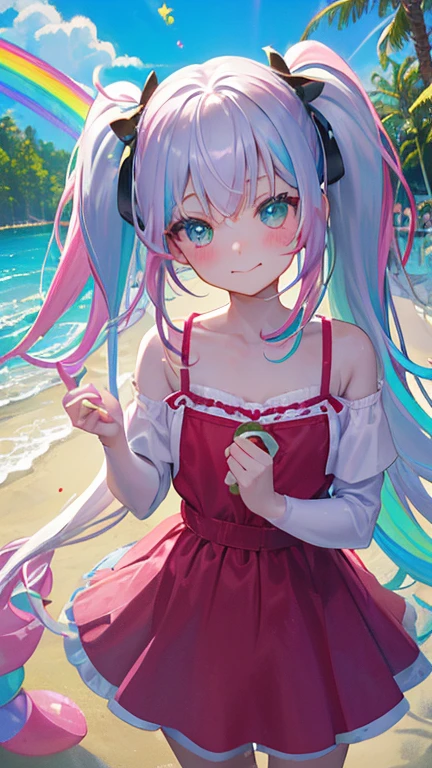 (rainbow colored hair, colorful hair, half silver、half pink hair: 1.2), ,long hair、(Cinematic digital artwork: 1.3), high quality, table top, Turquoise eyes、最high qualityの, Super detailed, figure, [4K digital art]!!、 Kyoto animation style, one woman, clavicleの美しさ, clavicle, light, want, , positive, Dead leaves dance、（Ocean、sandy beach）、full moon、On a tree-lined street、taking a walk、((red、trendy clothes))、（（Scarlet、Polka dot unset, motivation, shine, dynamic perspective、Blue glasses、Green ribbon、twin tails、embarrassed face、cute face、happy face