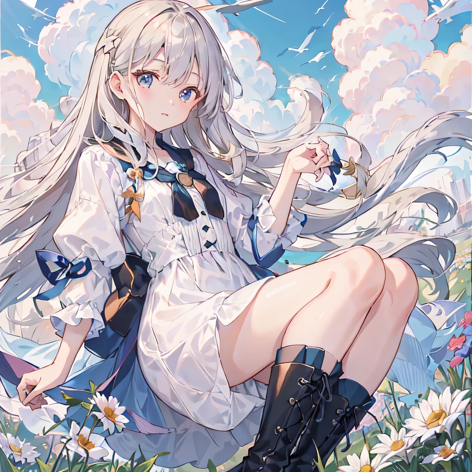 Perfect face and blonde hair、Wearing a light summer dress、A beautiful woman wearing black boots、 (fly in the sky in a small airplane )、blue summer,、cloud、Wind、sun、 meadows and fields、