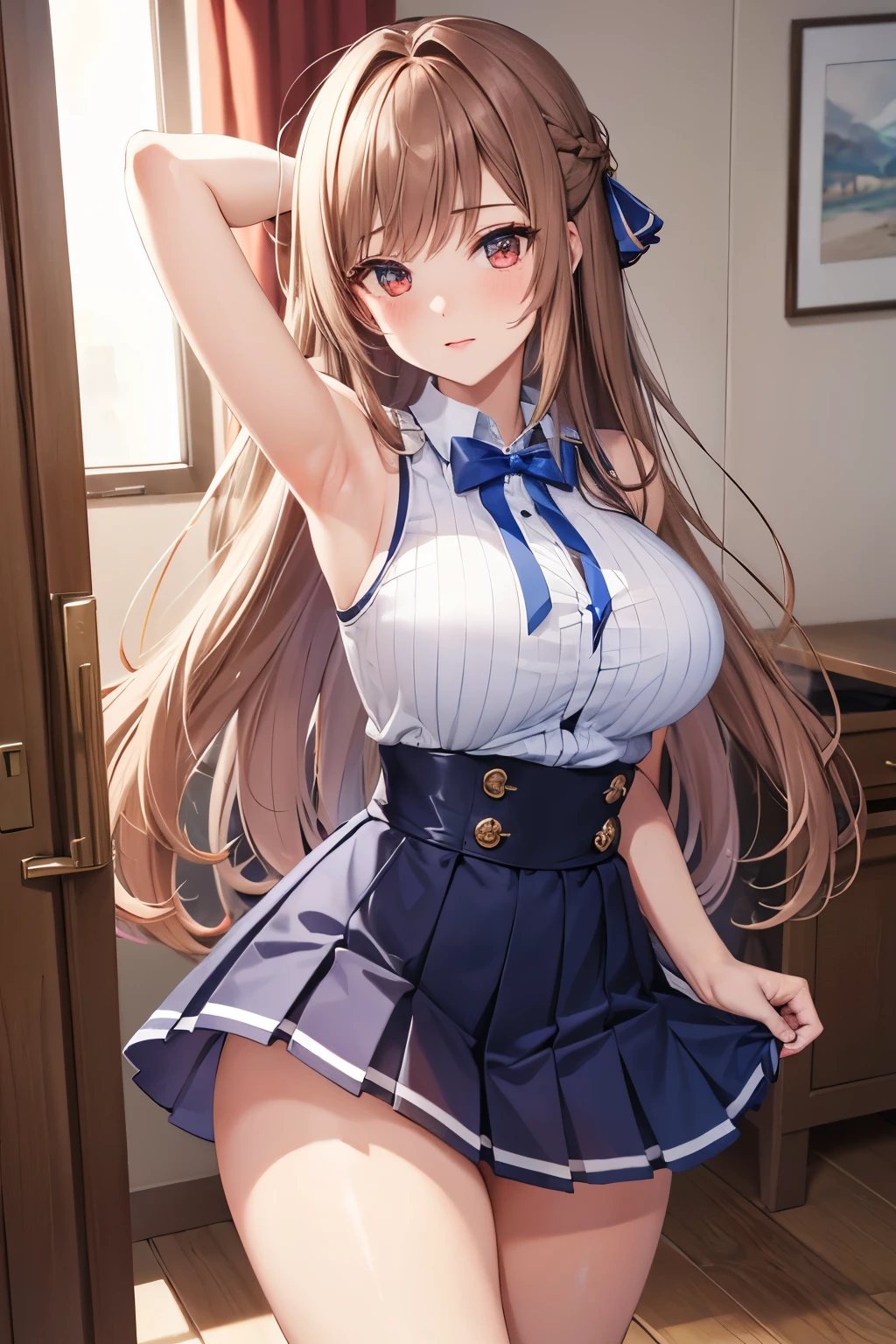 Game , goddess of victory nikke, Rapi , light brown hair,  alluring eyes ,beautiful face , crystal red eyes , long hair , women blue colour stripes sleeveless shirt, armpits, blue high waist pleated skirt ,selfie wind,g cup breast, slender waist, bewitching thighs, five fingers each hand, two hand ,two leg , in home room , beautiful, hand behind head ,