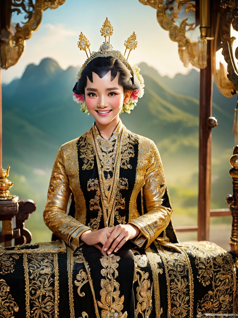 Create a fantastic and epic picture. A beautiful and charming Javanese female character, with a sweet smile. Sitting on a chariot drawn by four white horses. This woman is wearing traditional Javanese clothing complete with a small crown and a black kemben/camisole with gold sequin Javanese carved motifs, as well as a green shawl that ties the camisole and a white batik cloth skirt with a small black motif. The horse-drawn carriage looked majestic, with Javanese gold dragon carvings curling around it. The background of the image shows a foggy atmosphere with silhouettes of trees and mountains. A mysterious and magical atmosphere is created by the combination of colors and lighting. And the train runs through the ocean waves. Ultra HD, HD, realistic, 4K